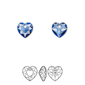 Drop, Crystal Passions&reg;, sapphire, 8mm faceted heart cut pendant (6432). Sold per pkg of 4.