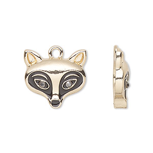 Charm, enamel / glass, gold-finished pewter (tin-based alloy), black, 18x16.5mm fox. Sold per pkg of 2.