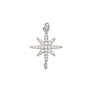 Charm, cubic zirconia and imitation rhodium-plated brass, clear, 16x15.5mm single-sided star with 3.5mm open jump ring. Sold per pkg of 2.