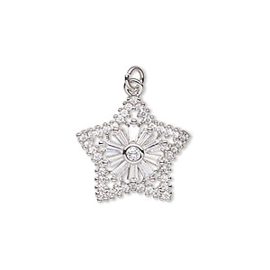 Charm, cubic zirconia and imitation rhodium-plated brass, clear, 19x18mm single-sided star. Sold individually.