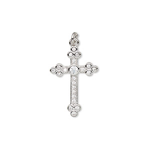 Drop, cubic zirconia and imitation rhodium-plated brass, clear, 21x14mm single-sided cross. Sold per pkg of 2.