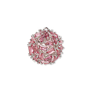 Drop, cubic zirconia and silver-plated brass, fuchsia, 17.5mm hollow ball. Sold individually.
