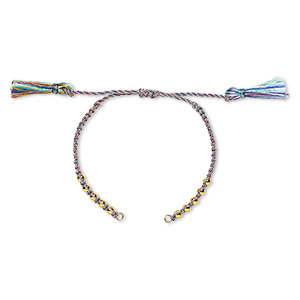 Bracelet component, nylon and gold-finished brass, rainbow, 9-3/4 inches with adjustable macram&#233; closure and (2) 5mm open loops. Sold individually.