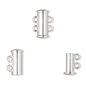 Clasp, 2-strand magnetic slide lock, silver-finished &quot;pewter&quot; (zinc-based alloy), 14.5x6.5mm tube. Sold per pkg of 2.
