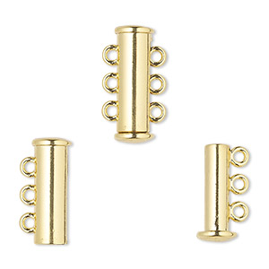 Clasp, 3-strand magnetic slide lock, gold-finished &quot;pewter&quot; (zinc-based alloy), 19x6.5mm tube. Sold per pkg of 2.
