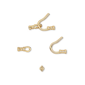 Clasp, hook-and-eye, gold-plated brass, 13x9mm with crimp ends