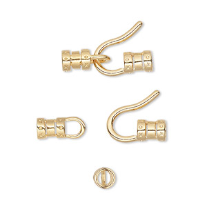Clasp, hook-and-eye, gold-plated brass, 20x11mm with crimp ends