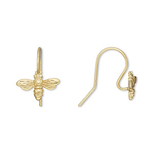 Ear wire, Amoracast&reg;, satin-finished &quot;vermeil&quot;, 15mm fishhook with bumble bee and open loop, 20 gauge. Sold per pair.