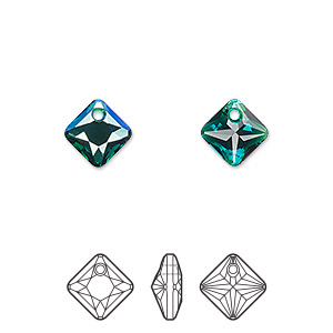 Drop, Crystal Passions&reg;, emerald shimmer, 9mm faceted princess cut pendant (6431). Sold per pkg of 4.