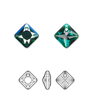 Drop, Crystal Passions&reg;, emerald shimmer, 11.5mm faceted princess cut pendant (6431). Sold per pkg of 2.