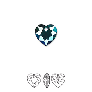 Drop, Crystal Passions&reg;, emerald shimmer, 10.5mm faceted heart cut pendant (6432). Sold per pkg of 2.