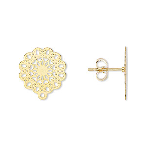 Earstud, Lazer Lace&#153;, gold-finished stainless steel, 14.5mm filigree mandala closed loop. Sold per pkg of 4 pairs.
