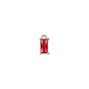 Drop, glass and gold-finished brass, red, 7.5x4mm faceted rectangle. Sold per pkg of 10.