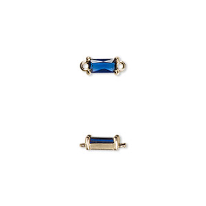 Link, glass and gold-finished brass, dark blue, 7.5x4mm faceted rectangle. Sold per pkg of 10.