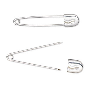 Safety pin, stainless steel and silver-plated brass, 2-3/8 inches. Sold ...