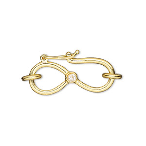 Clasp, S-hook, &quot;vermeil&quot; and cubic zirconia, clear, 26x12.5mm single-sided with safety latch closure. Sold individually.