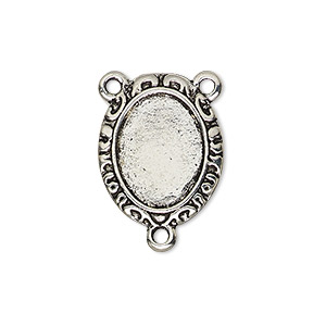 Connector, antique silver-finished &quot;pewter&quot; (zinc-based alloy), 21x17mm double-sided oval rosary with fancy design and 15.5x11.5mm non-calibrated oval cabochon glue-in setting. Sold per pkg of 4.