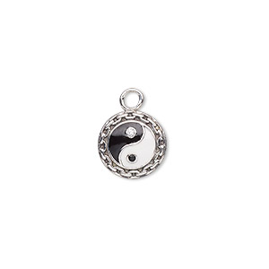 Charm, antique sterling silver / cubic zirconia / enamel, black / clear / white, 10mm single-sided domed round with yin-yang design and chain link edge. Sold individually.