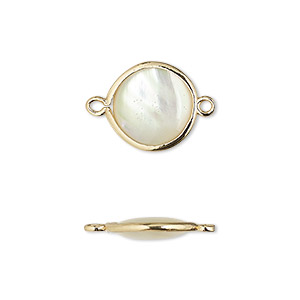 Link, mother-of-pearl shell and gold-finished brass (assembled), 12.5mm-13.5mm double-sided round. Sold per pkg of 4.