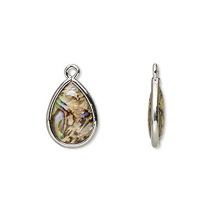 Drop, paua shell and imitation rhodium-finished brass (assembled), 14.5x10.5mm-15.5x11.5mm double-sided teardrop. Sold per pkg of 4.