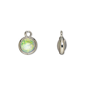 Drop, Opalized Ice&#153;, &quot;opal&quot; (resin) and imitation rhodium-finished brass, opaque white, 9.5mm double-sided round. Sold per pkg of 6.