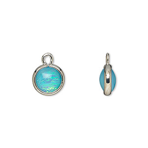 Drop, Opalized Ice&#153;, &quot;opal&quot; (resin) and imitation rhodium-finished brass, opaque light blue, 9.5mm double-sided round. Sold per pkg of 6.
