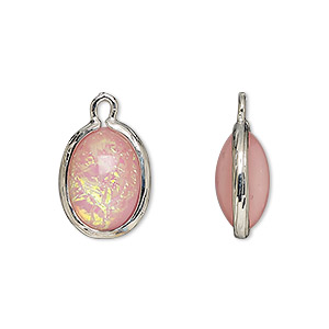 Drop, Opalized Ice&#153;, &quot;opal&quot; (resin) and imitation rhodium-finished brass, opaque light pink, 16x12mm double-sided oval .Sold per pkg of 4.