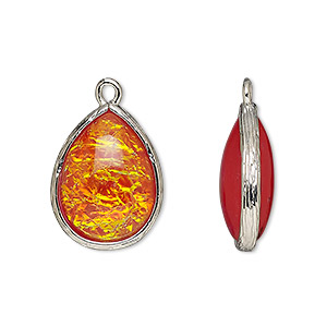 Drop, Opalized Ice&#153;, &quot;opal&quot; (resin) and imitation rhodium-finished brass, opaque orange, 19.5x15mm double-sided teardrop. Sold per pkg of 4.