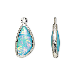 Drop, Opalized Ice&#153;, &quot;opal&quot; (resin) and imitation rhodium-finished brass, opaque light blue, 19.5x11mm double-sided wing. Sold per pkg of 4.