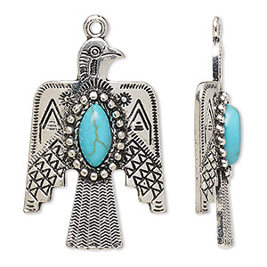Focal, &quot;turquoise&quot; (resin) (imitation) and antique silver-finished &quot;pewter&quot; (zinc-based alloy), blue, 33x22mm single-sided thunderbird. Sold individually.