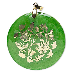 Pendant, Everyday Jewelry, Capiz shell (dyed / coated) and gold-finished &quot;pewter&quot; (zinc-based alloy), green and gold, 49-50mm round with floral decal. Sold individually.