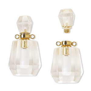 Component, quartz crystal (natural) and gold-finished brass, 37x20mm hand-cut perfume bottle with 2 loops, Mohs hardness 7. Sold individually.