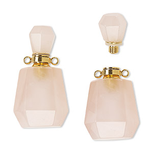 Component, rose quartz (natural) and gold-finished brass, 37x20mm hand-cut perfume bottle with 2 loops, Mohs hardness 7. Sold individually.