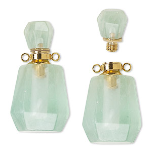 Component, green fluorite (natural) and gold-finished brass, 37x20mm hand-cut perfume bottle with 2 loops, Mohs hardness 4. Sold individually.