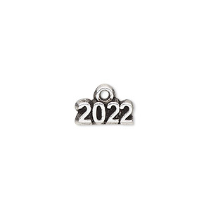 Charm, antique silver-plated &quot;pewter&quot; (tin-based alloy), 13x5mm single-sided &quot;2022.&quot; Sold per pkg of 2.