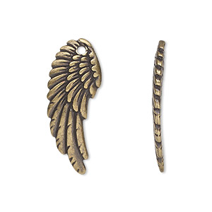 Charm, TierraCast&reg;, antique brass-plated pewter (tin-based alloy), 28x11mm two-sided left- and right-facing curved wing. Sold per pair.