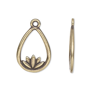 Drop, TierraCast&reg;, antique brass-plated pewter (tin-based alloy), 22.5x16.5mm double-sided open teardrop with lotus. Sold per pkg of 4.