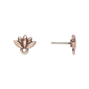 Earstud, TierraCast&reg;, antique copper-plated pewter (tin-based alloy), 11.5x7mm lotus with closed loop and titanium post with renewal theme. Sold per pair.