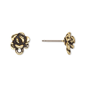 Earstud, TierraCast&reg;, antique gold-plated pewter (tin-based alloy) and titanium, 8x7.5mm 3D succulent with closed loop and post. Sold per pair.