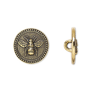 Button, TierraCast&reg;, antique gold-plated pewter (tin-based alloy), 15mm beaded flat round with bee and closed loop. Sold per pkg of 2.