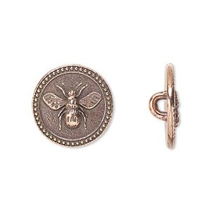 Button, TierraCast&reg;, antique copper-plated pewter (tin-based alloy), 15mm beaded flat round with bee and closed loop. Sold per pkg of 2.