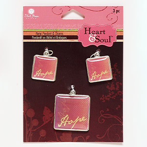 Drop mix, resin / silver-finished steel / &quot;pewter&quot; (zinc-based alloy), clear / light red / yellow, 17mm and 25mm square with &quot;Hope.&quot; Sold per pkg of 3.