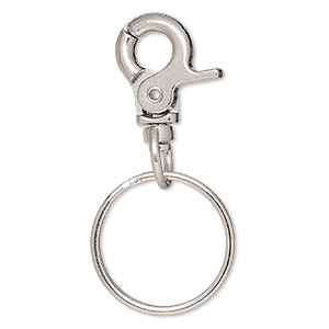 Key ring, imitation rhodium-finished brass and steel, 59x25.5mm overall  with 25.5x14.5mm self-closing lobster claw on a swivel and 25.5mm split  ring. Sold per pkg of 5. - Fire Mountain Gems and Beads