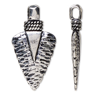 Pendant, antique silver-plated &quot;pewter&quot; (zinc-based alloy), 43x22mm double-sided hammered arrowhead. Sold individually.