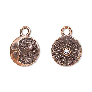 Charm, TierraCast&reg;, &quot;Celestial&quot; collection, antique copper-plated pewter (tin-based alloy) and clear crystal, 15mm 2-sided round with starry night design. Sold individually.
