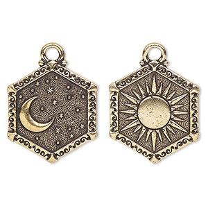 Charm, TierraCast&reg;, &quot;Celestial&quot; collection, antique gold-plated pewter (tin-based alloy), 24.5x21.5mm 2-sided hexagon with sun and moon design. Sold individually.