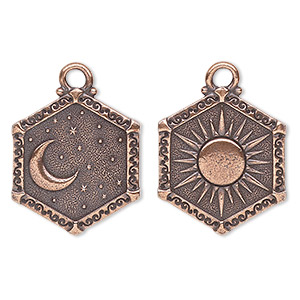 Charm, TierraCast&reg;, &quot;Celestial&quot; collection, antique copper-plated pewter (tin-based alloy), 24.5x21.5mm 2-sided hexagon with sun and moon design. Sold individually.