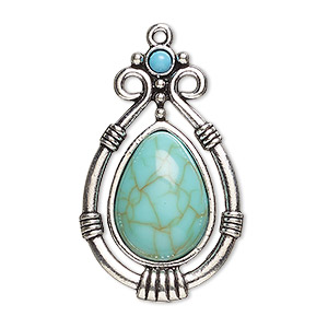 Focal, antique silver-finished &quot;pewter&quot; (zinc-based alloy) and &quot;turquoise&quot; (resin) (imitation), turquoise blue, 35x22mm single-sided teardrop. Sold per pkg of 2.