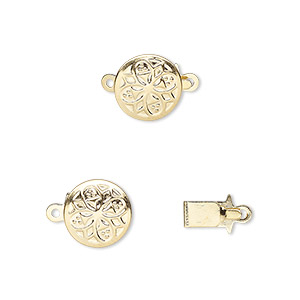 Clasp, tab, gold-plated brass, 10mm round with flower design. Sold per pkg of 10.