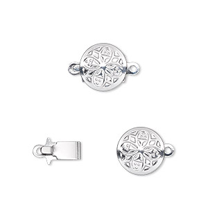 Clasp, tab, silver-plated brass, 10mm round. Sold per pkg of 10.